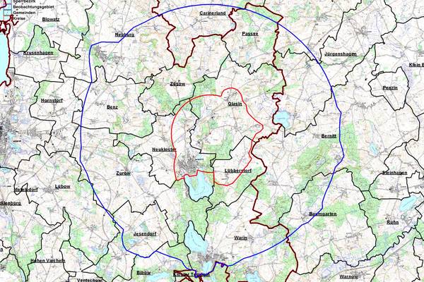 Karte zur Tierseuchenbehördliche Allgemeinverfügung Nr. 6 zur Bekämpfung der Geflügelpest Sperr- und Beobachtungsbezirke