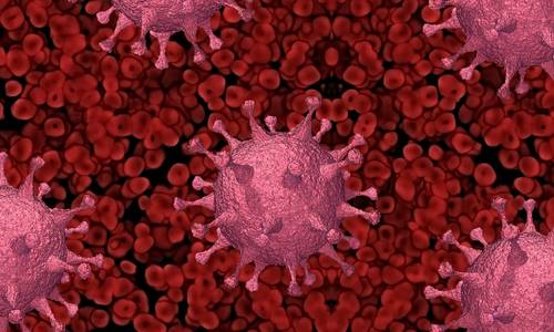Visualisierung eines Virus in rot auf rotem Hintergrund