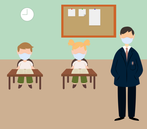 Comic Visualisierung Lehrer und Schüler mit Mundschutz