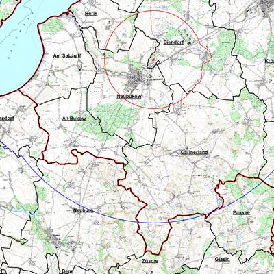Karte zur Tierseuchenbehördlichen Allgemeinverfügung Nr. 8 zur Bekämpfung der Geflügelpest Beobachtungsgebiet Neubukow
