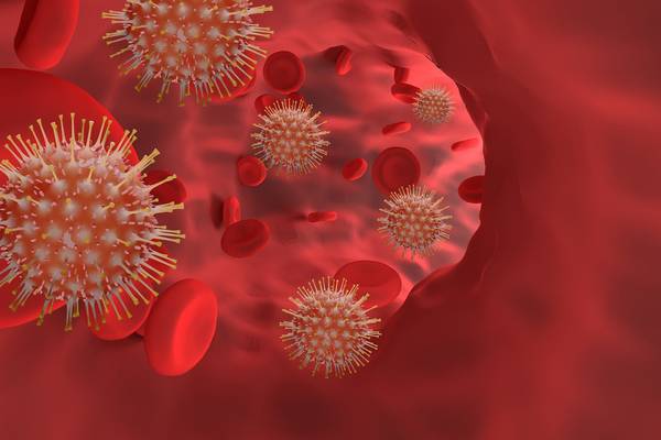 Visualisierung eines Virus in rot in der Blutbahn